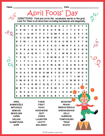 April Fools Day Word Search Puzzle worksheet – Puzzles to Print