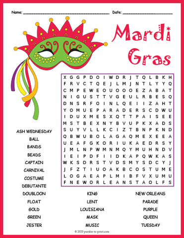 Mardi Gras Word Search Puzzle Worksheet